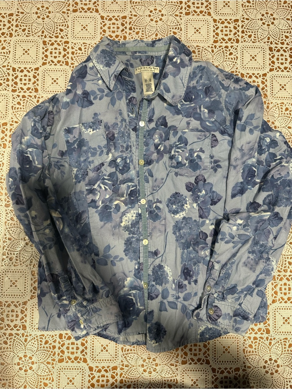Crazy Horse Floral Button Up Shirt Women’s XL Blue Cottagecore 100% Cotton
